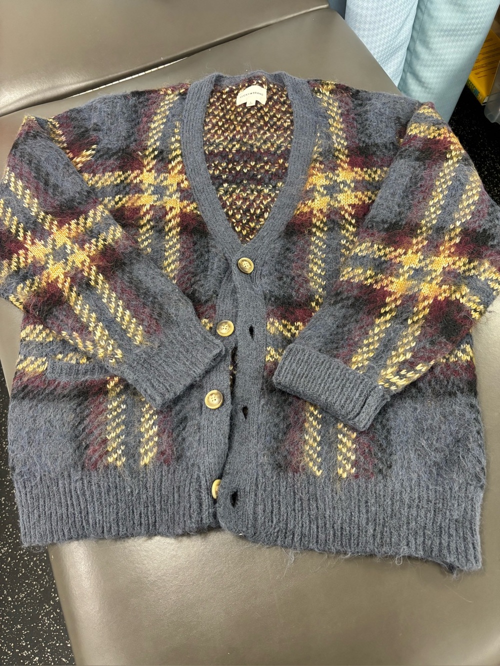EUC Lucky Brand Men's Grey Plaid Cardigan Sweater Size Large Worn Once!